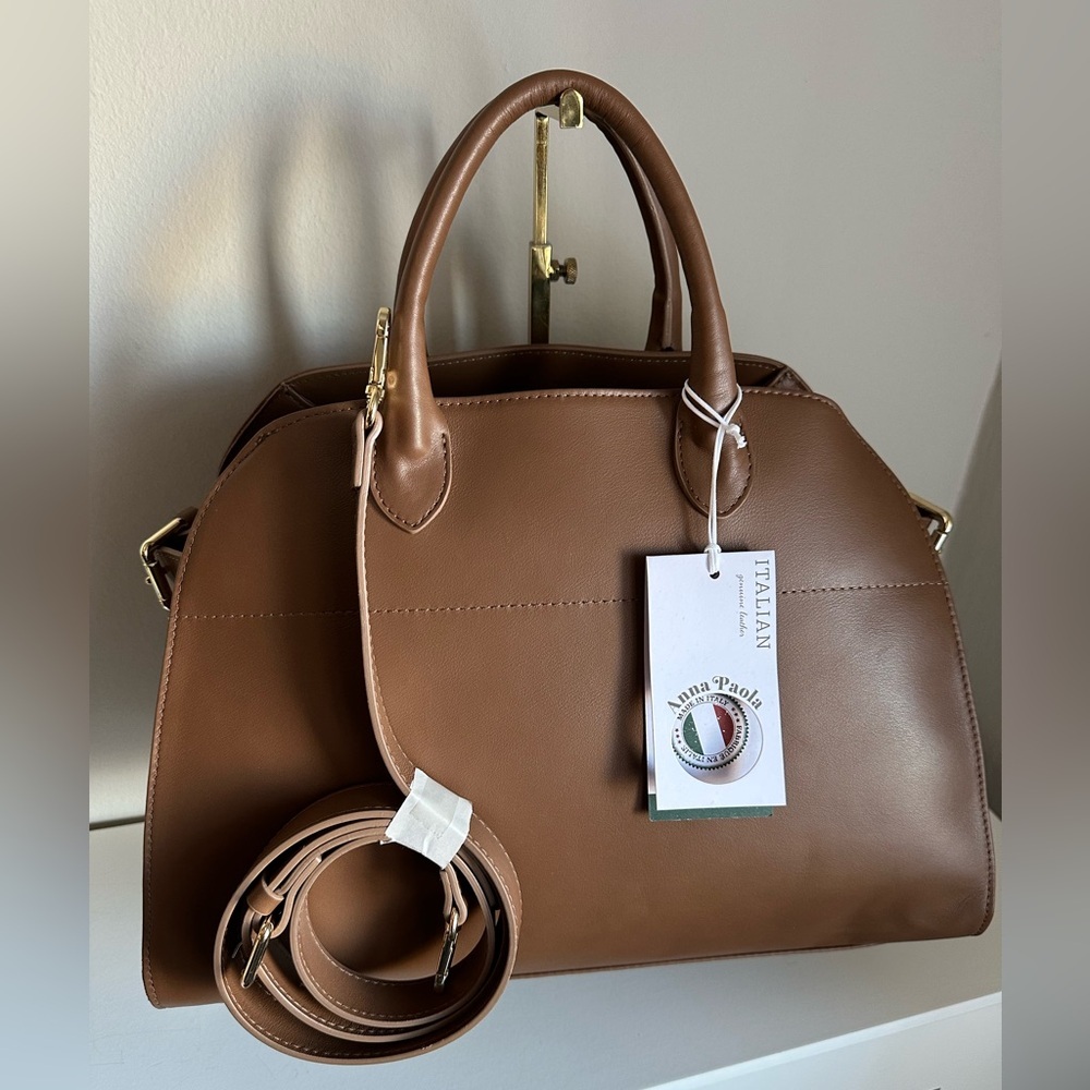 Viral Anna Paola Genuine Tan Brown Italian Leather Satchel Tote NWT ✨